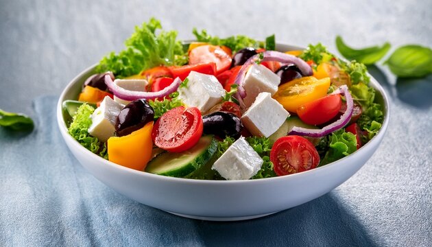 vibrant fresh salad with feta and colorful vegetables in white bowl