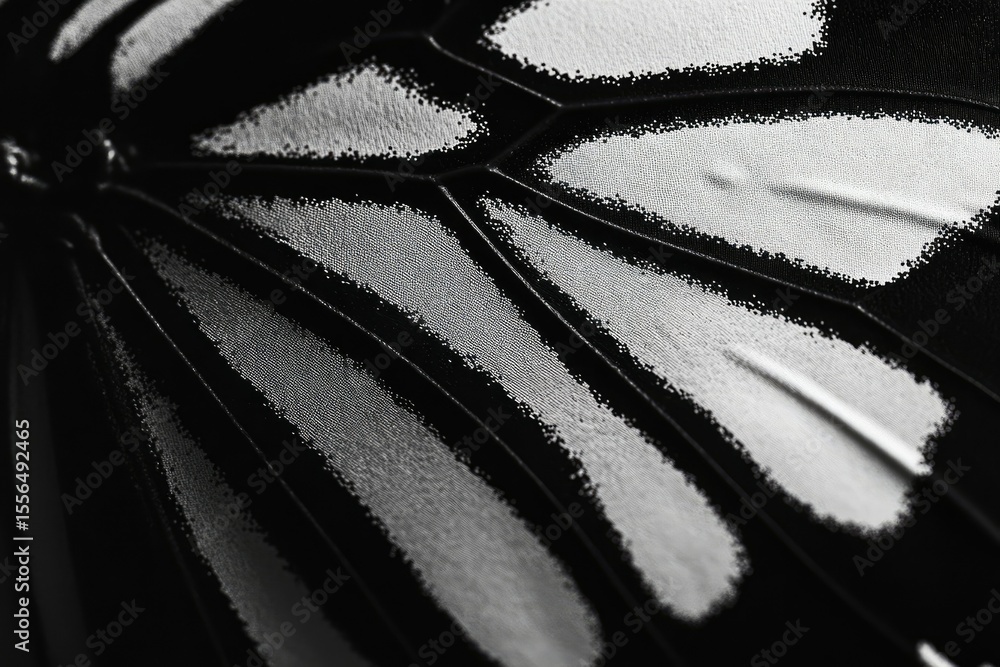 Poster close-up of a butterfly wing, showcasing intricate vein patterns and textured scales in monochrome.