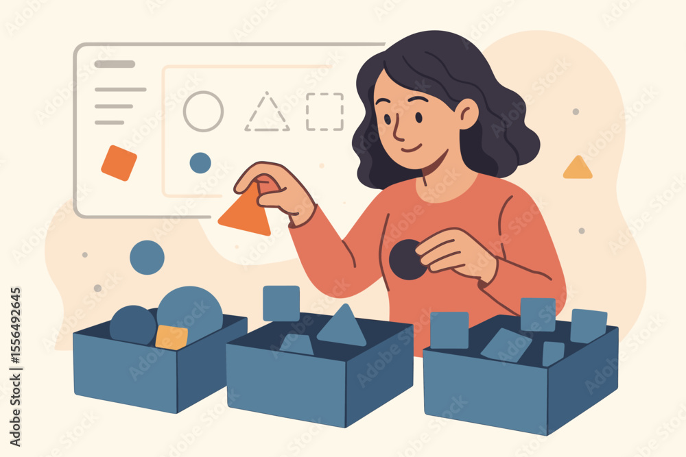 Poster woman sorting geometric shapes for data organization and digital information processing, abstract ve