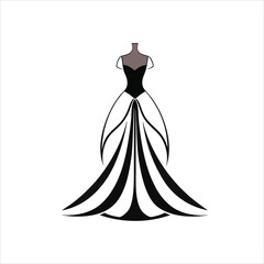 vector black and white line art of formal dress, wedding grown, cocktail dress, strapless bodice, flared skirt, fashion illustration, elegant, high contrast, minimalist design on white background