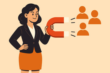 Businesswoman holding magnet attracting people, leadership influence, authority, customer acquisition, marketing strategy, lead generation, human resources, vector cartoon illustration