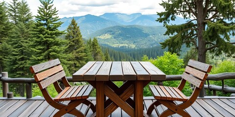 Rustic wooden table, chairs, mountain view, trees,  evening,  chairs