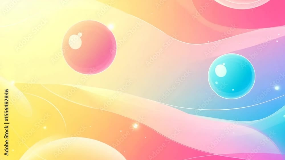 Poster abstract pastel background with floating spheres and wavy lines animation, modern design