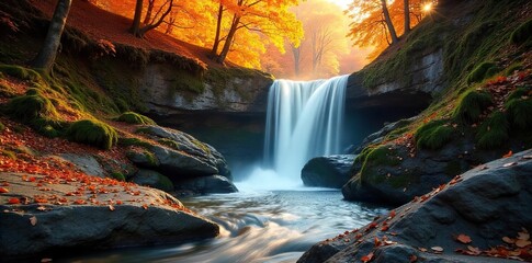 Majestic Autumn Waterfall Cascading over Mossy Rocks, Bathed in Golden Sunlight, Surrounded by Vibrant Fall Foliage - Peaceful Nature Scene Perfect for Travel and Environmental Projects