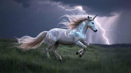 A unicorn runs through a field, lightning illuminates the scene.
