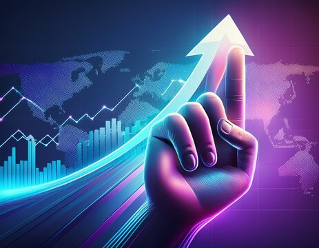 stock market growth hand with upward arrow on blue and purple background detailed business poster design