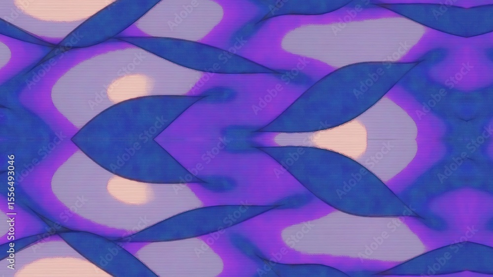Poster illustration of an abstract illustration features a vibrant purple and blue kaleidoscopic pattern wi