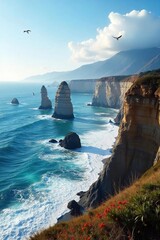 Dramatic California Coastline Waves Crashing on Rugged Cliffs, Seabirds Soaring