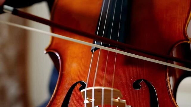 Musician playing cello, close up on the bow and strings