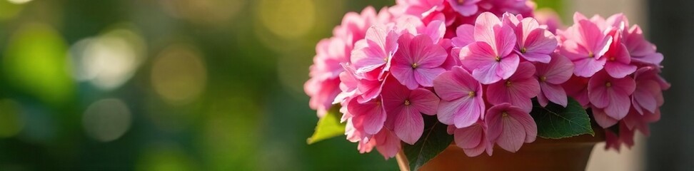 Vibrant pink hydrangeas overflowing from a rustic terracotta pot, bathed in soft sunlight Perfect for garden, home decor, and spring themes , blossom, greenery