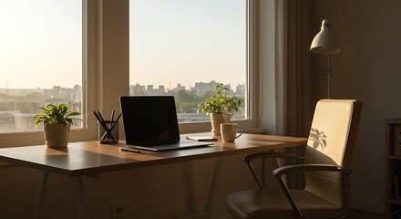 Fototapeta premium Home office desk laptop window plant chair workspace interior design sunlight modern work from home setup on transparent background