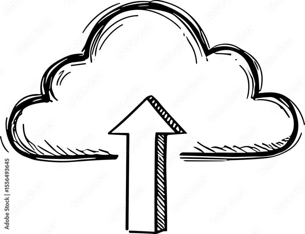 Poster doodle sketch vector cloud icon with upload arrow for digital concepts