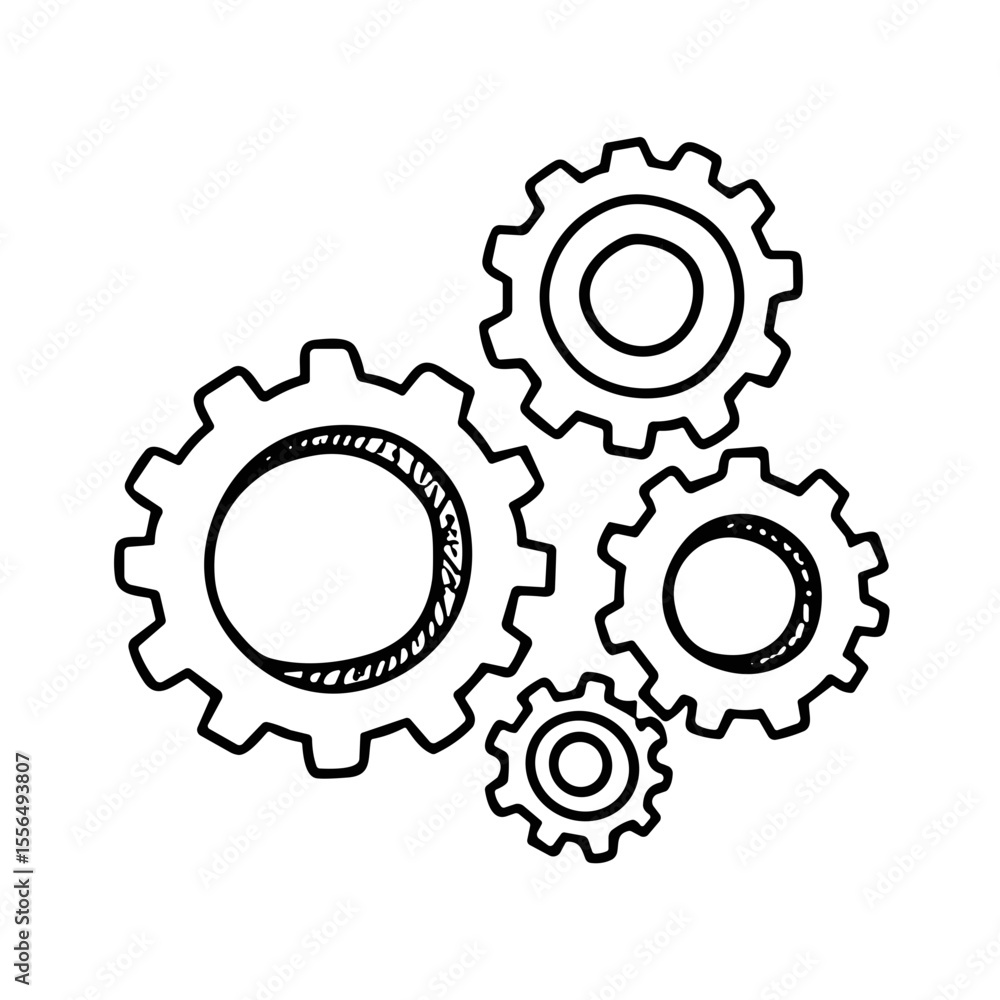 Poster doodle sketch vector icon of gears for mechanics and process management concepts
