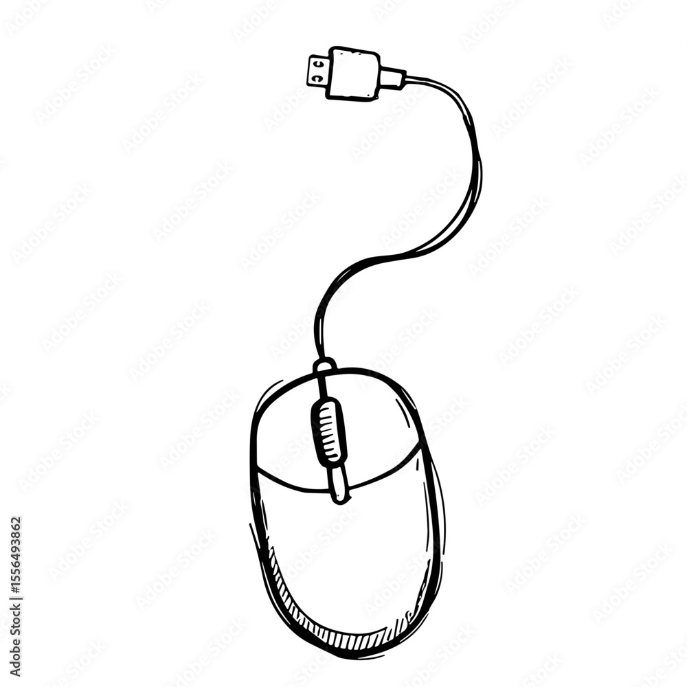 Poster doodle sketch vector icon of a wired computer mouse for technology and navigation concepts