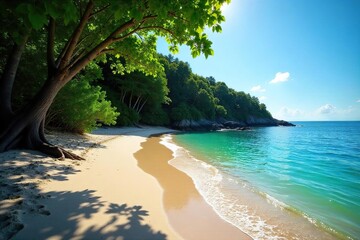 Serene Sun-Dappled Beach Tranquil Waters Meet Lush Forest, Peaceful Summer Escape