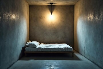 A stark, minimalist bedroom cell; bare concrete walls, a thin mattress on the floor, a single bare bulb hanging overhead The feeling is one of isolation and confinement , light, isolated, austere