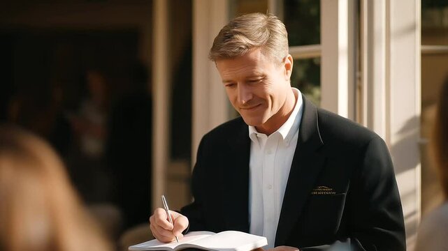 A calm funeral director greets a family in a welcoming foyer