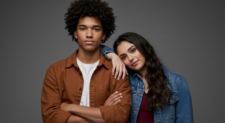 Fototapeta premium Young Couple Portrait Woman Leaning on Man Gray Backdrop