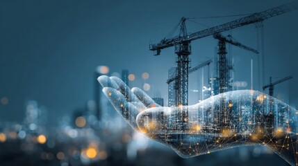 A futuristic hand showcases innovative construction and urban development.