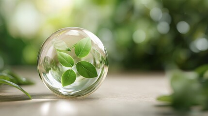 A glass sphere featuring vibrant green leaves symbolizing growth and nature.