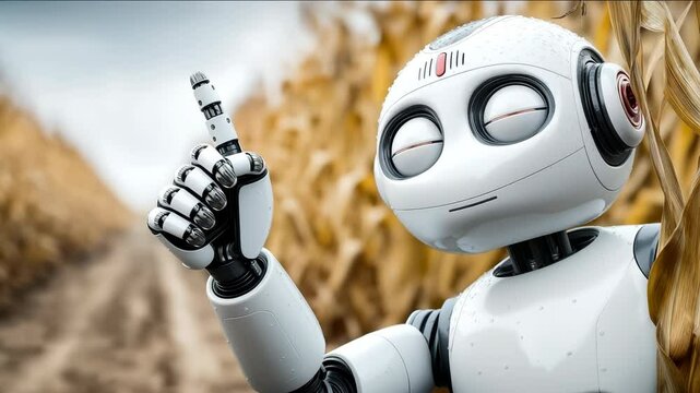 Cute robot with big eyes points at an empty space in the background of an agricultural field. Perfect for your advertising. Concept of agricultural technology and digitalization of farming.