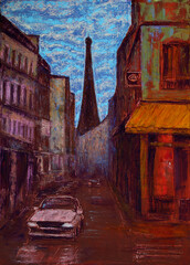 Art painting of the Paris street and Eiffel Tower