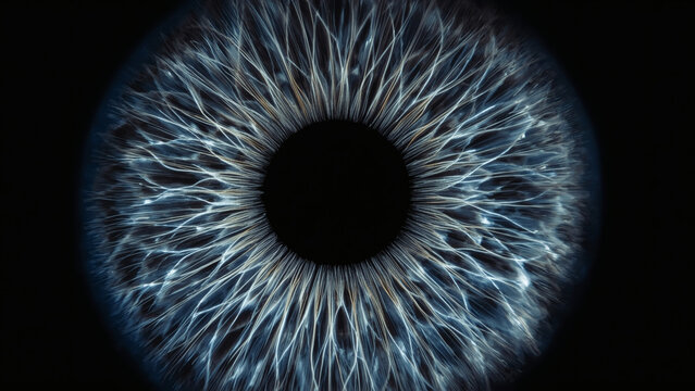 Extreme close-up of human eye iris showing detailed blue fibers background.