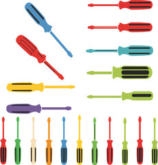 Comprehensive vector illustration set of various screwdrivers, including Phillips and flathead, essential for DIY, home repair, and professional maintenance tasks.