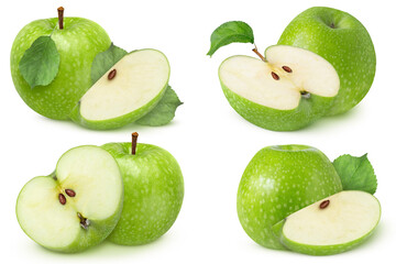  Set or collection of fresh ripe whole and half green apples isolated on white background. 