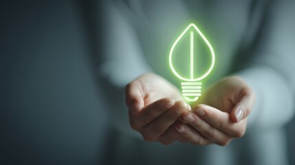 A hand holding a glowing green leaf-shaped light bulb symbolizing eco-friendly energy.