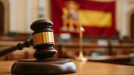 Gavel in Courtroom: A close-up of a wooden gavel with a gold band sitting on its stand, with a flag in the background, symbolizing justice and legal proceedings.