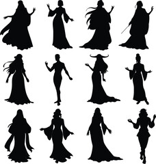 Diverse vector silhouettes of anime and manga characters in various dynamic poses, ideal for fantasy, gaming, and storytelling designs, offering versatile graphic elements.
