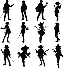 Diverse vector silhouettes of anime and manga characters in various dynamic poses, ideal for fantasy, gaming, and storytelling designs, offering versatile graphic elements.