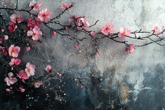 Fototapeta Pink cherry blossoms on a rain-soaked branch with a spiderweb on a textured background.