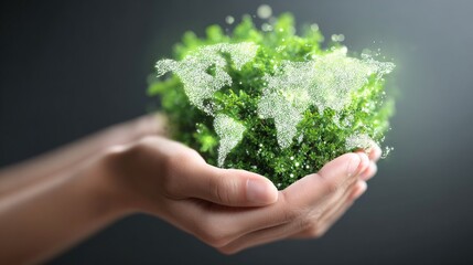 A hand holding a green globe made of foliage representing environmental protection.