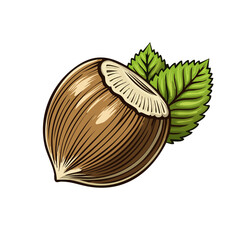 Detailed Illustration of Single Hazelnut with Green Leaves Against Black Backdrop