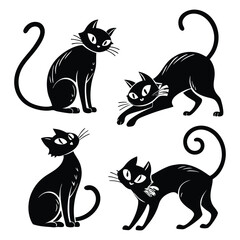 Funny Black Cartoon Cats with Curly Tails silhouette