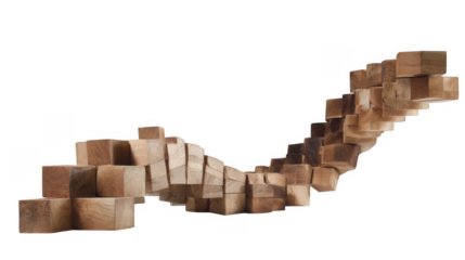 A long sinuous sculpture made of many small wooden blocks creates a flowing wave form isolated on transparent background