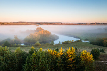 Splendid and calm morning with haze on the Horyn river. Location place Polissya region, Ukraine,...