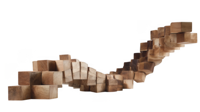 A long sinuous sculpture made of many small wooden blocks creates a flowing wave form isolated on transparent background