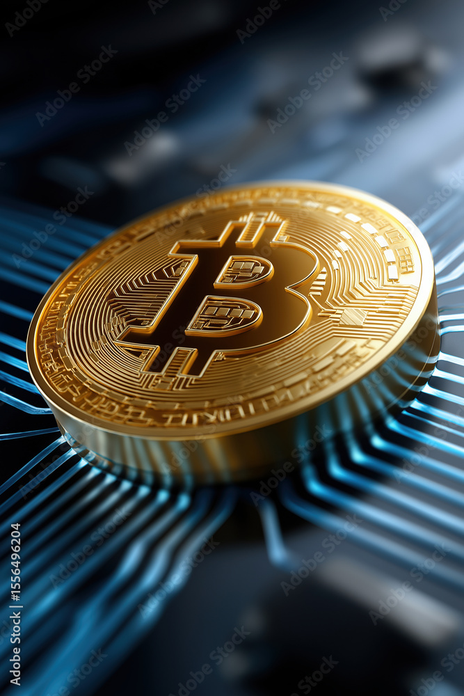 Poster bitcoin coin placed on electronic circuitry against a dark background