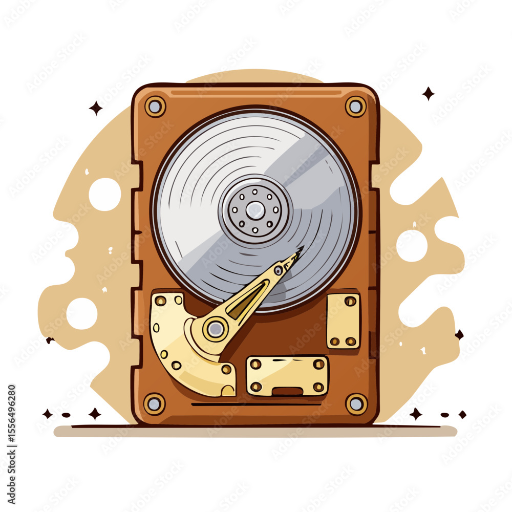 Poster stylized hard disk drive with disk and actuator arm isolated on black background depicting data stor