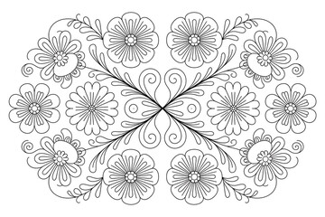 Symmetrical floral design, intricate patterns, detailed flowers.
