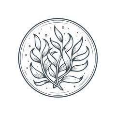 Elegant seaweed illustration in circular badge design. Decorative marine plant drawing in circle frame with hand drawn style and organic concept