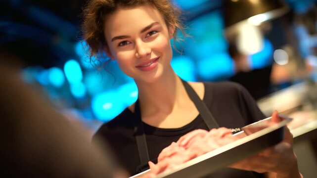 Customer Selecting Fresh Ground Beef in a Market - Powered by Adobe
