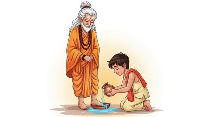 Guru Purnima Illustration Ritual – Young Disciple Offering Water to Wash the Guru’s Feet, Celebrating the Sacred Teacher-Student Bond in Indian Spiritual and Cultural Heritage