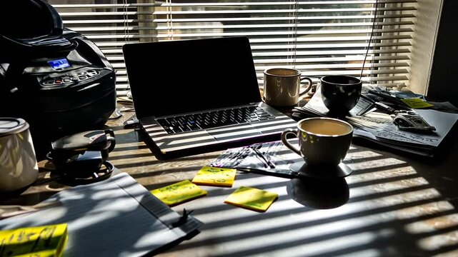 A cluttered workspace with a laptop, coffee cups, and scattered notes illuminated by sunlight
