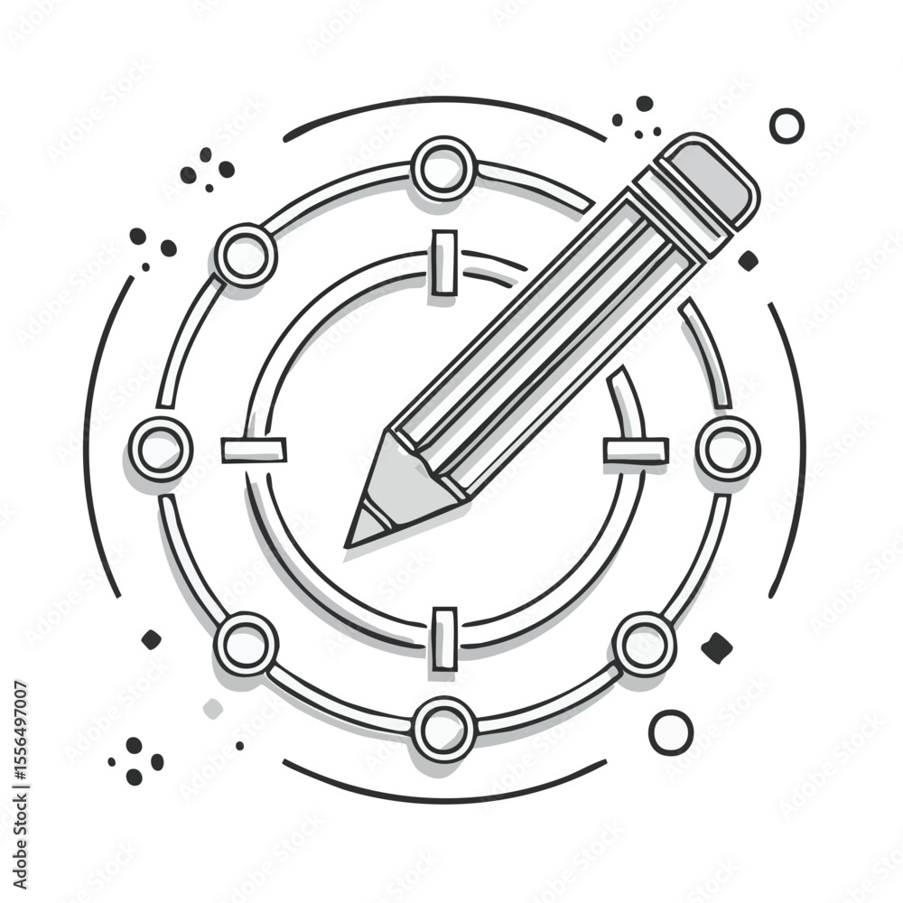 Poster pencil with round connecting circles and lines on black background represents network communication