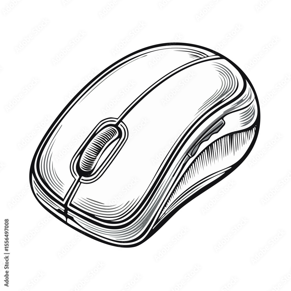 Poster isolated illustration of a computer mouse with linear shading on a black backdrop. technology art ob