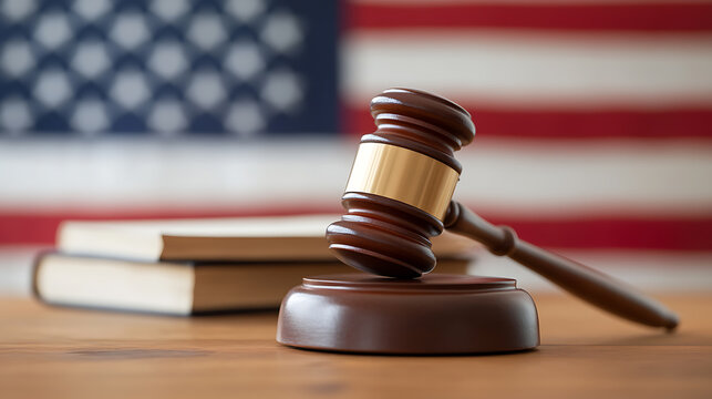 Justice in America: A gavel resting beside law books with the United States flag in the background, symbolizing legal proceedings and the pursuit of fairness. - Powered by Adobe